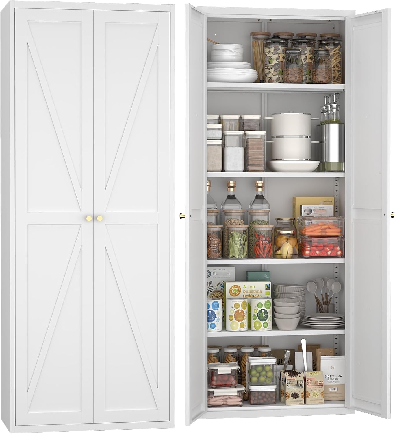 GREATMEET 71" Kitchen Pantry Storage Cabinet, Tall Storage Cabinet, Metal Food Pantry Cabinet with Doors and Shelves, Pantry Storage Cabinets, Cupboard for Garage Kitchen Laundry Room, White