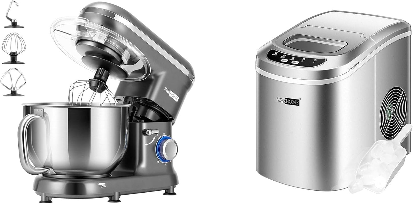 VIVOHOME Stand Mixer, 660W 10 Speed 6 Quart Gray & Electric Portable Ice Cube Maker Machine 26lbs/Day Silver