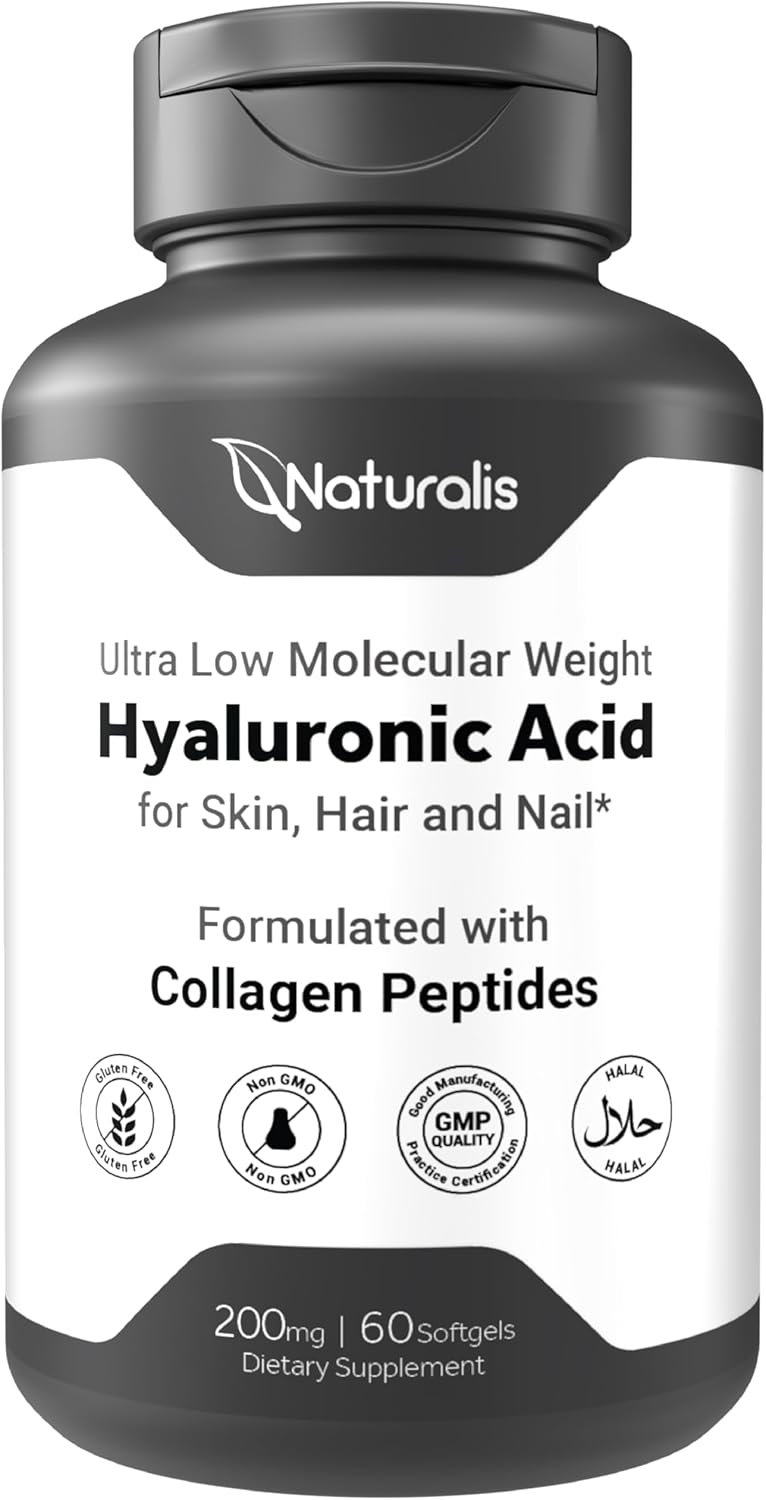 Naturalis Hyaluronic Acid 200mg, 10x Better Absorption Ultra Low Molecular Weight with Collagen, Biotin, Selenium & Vitamin E | Hair, Skin, Nails & Joint Supplements | 120 Softgels