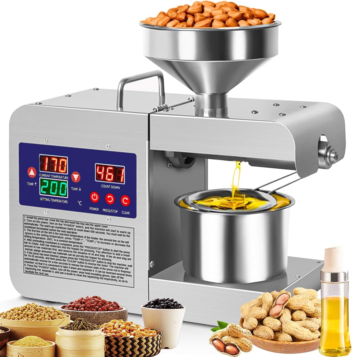 Oil Press Machine, 820W Home Commercial Automatic Oil Press Extractor, Steel Stainless Electric Cold & Hot Press Oil Expeller for Peanut Sesame Coconut Soybean Sunflower Seeds Walnuts (SS)
