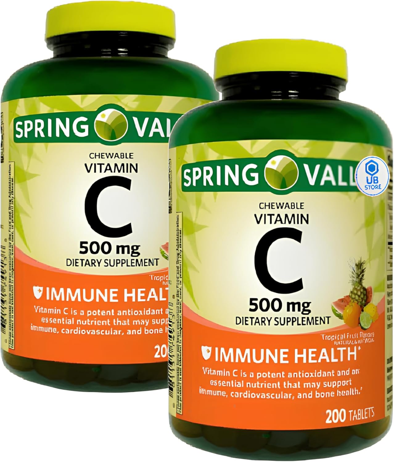 Vitamin C 500mg, Tropical Fruit Flavor 200 Count Tablets, Chewable Vitamin C, Dietary Supplement + 7 Day Pill Organizer Included (Pack of 2)