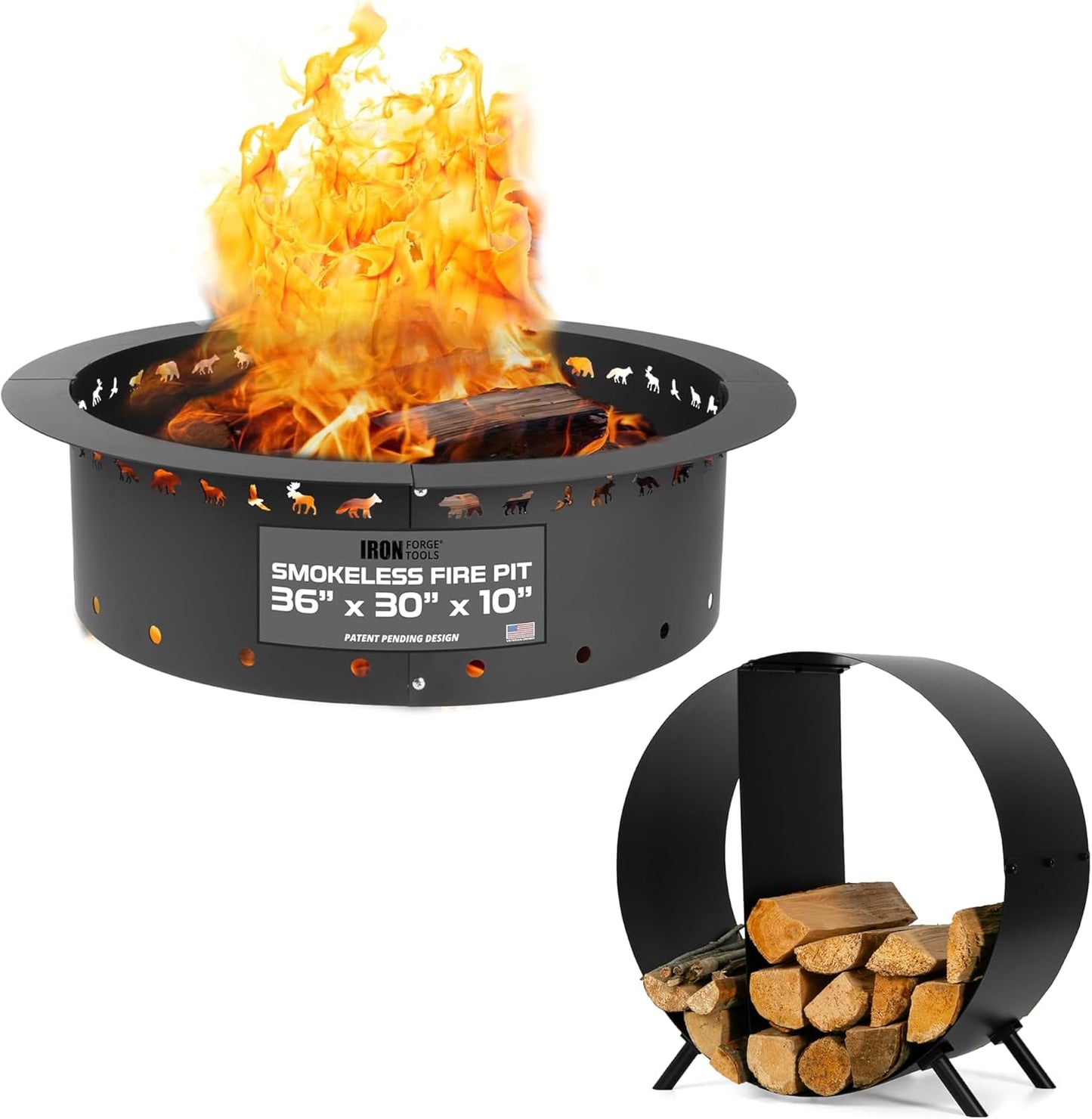 Iron Forge Tools 36" Fire Pit Ring & 24" Firewood Rack with Cover - Outdoor Heavy Duty Metal Smokeless Fire Ring Insert & Log Holder for Patio/Backyard