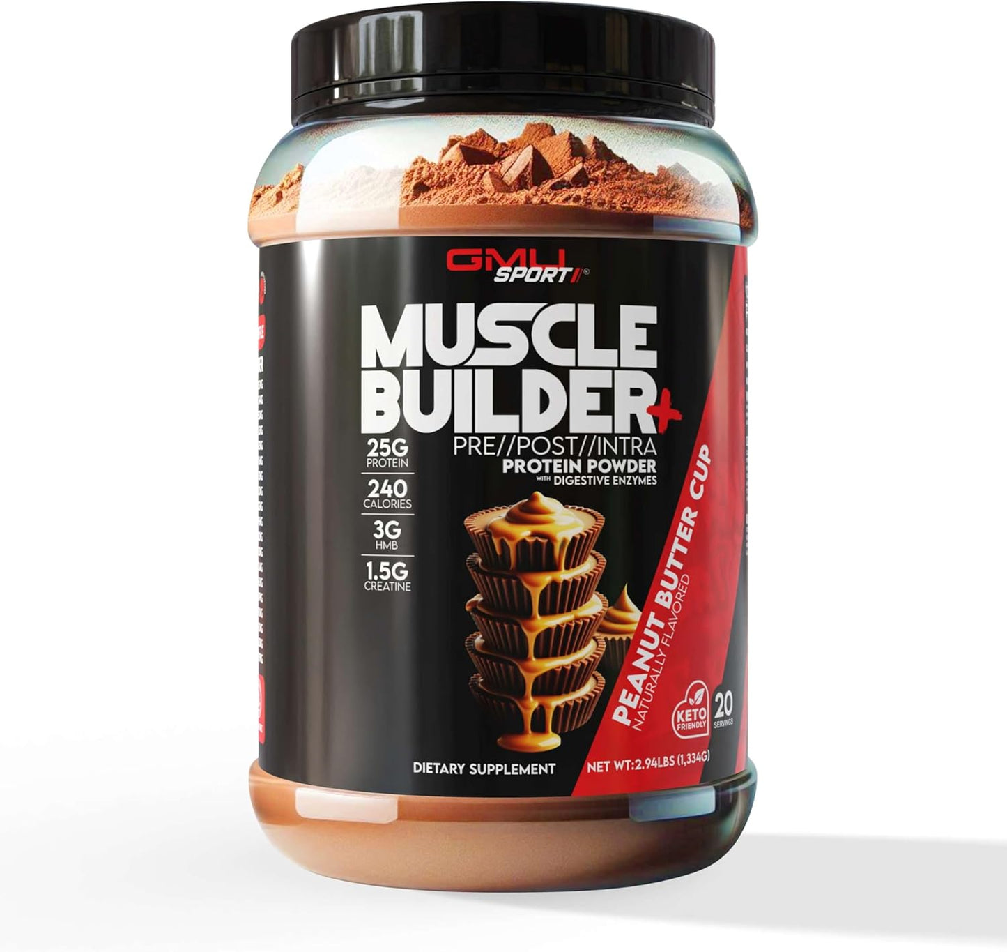 GMU SPORT – Muscle Builder+ Protein with 3g Creatine, 1.5g HMB, Collagen & Enzymes | 25g Protein, 28g Carbs, 240 Calories | Low Sugar Whey Protein for Strength, Recovery & Muscle Growth – 20 Servings