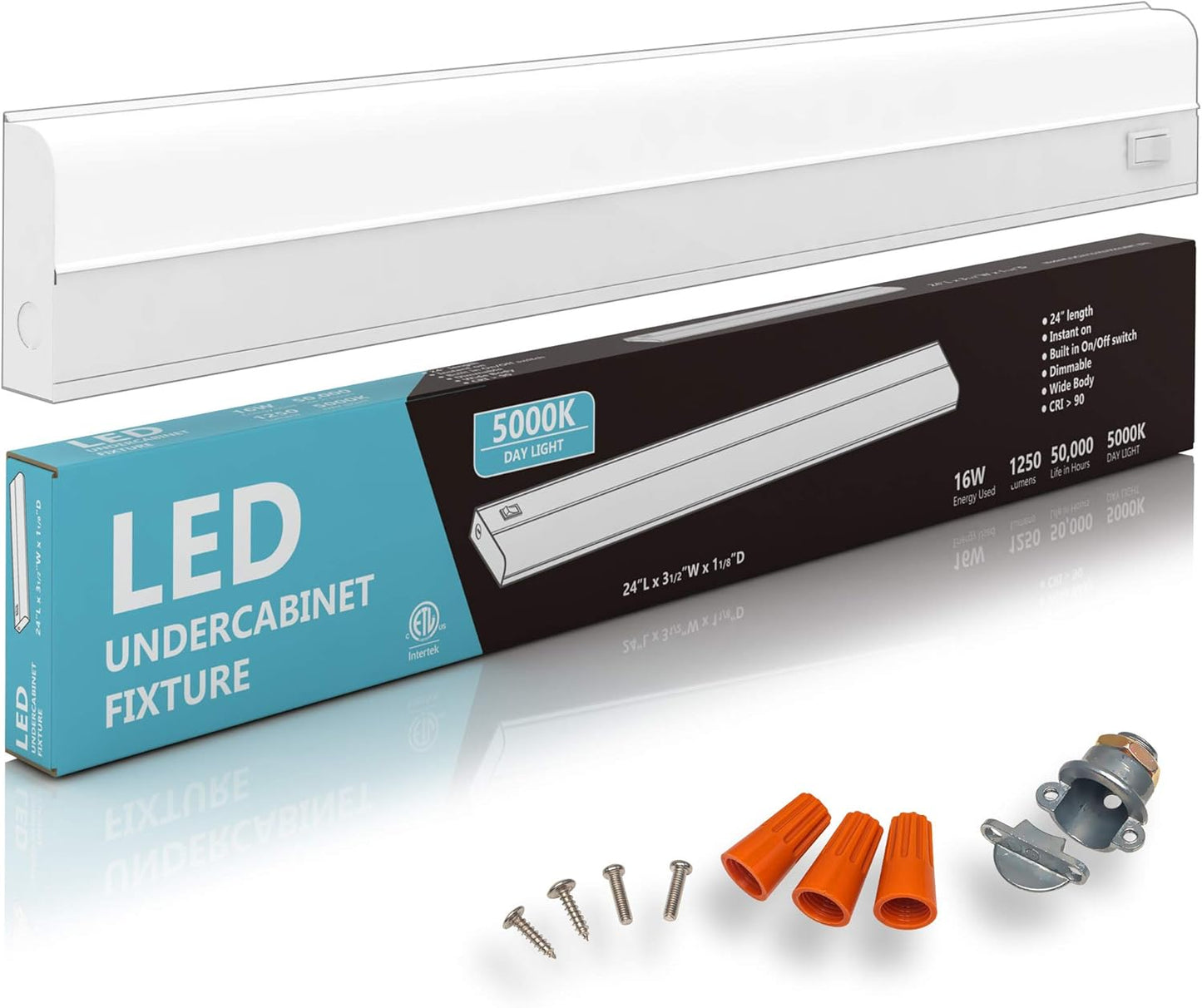 Hardwired LED Under Cabinet Task Lighting - 16 Watt, 24", Dimmable, CRI>90, 5000K (Day Light), Wide Body, Long Lasting Metal Base with Frost Lens Under Counter Light for Kitchen