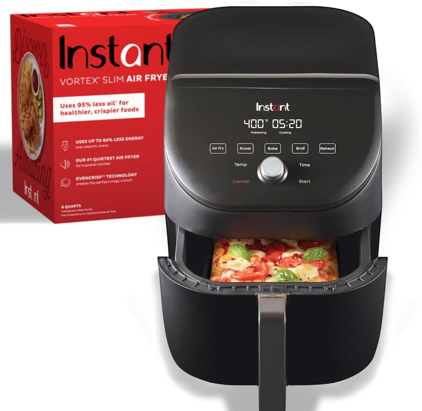 Instant Pot Vortex Slim XL 6QT Air Fryer that Crisps, Roasts, Reheats, Bakes, Broils & is Quiet, Space Saving, Nonstick, Dishwasher-Safe, 100+ In-App Recipes, from the Makers of Instant Pot, Black