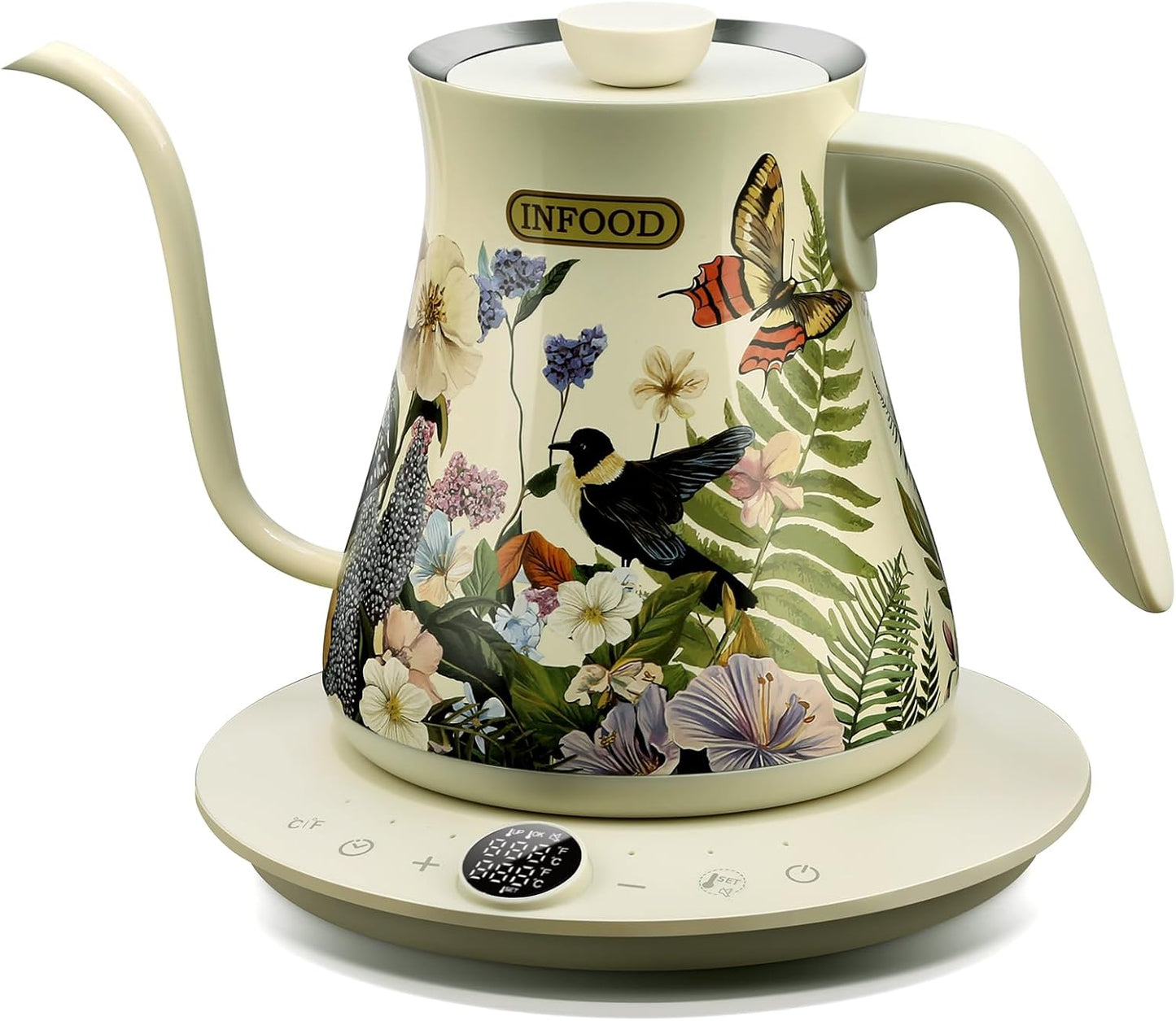 INFOOD 0.8L Gooseneck Electric Kettle, Precise Temperature Control for Pour Over Coffee & Tea, 1200W Fast Boiling Water, Auto Shut Off, Scheduling, Stainless Steel, Floral Painted Design
