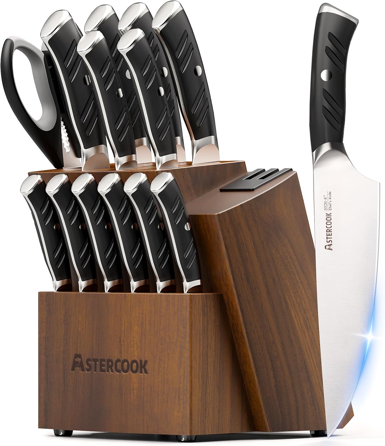 Astercook Knife Set, Kitchen Knives Set with Block and Dual Sharpener Full Tang 15 Pcs German Stainless Steel Knives Sharp Blade Dishwasher Safe Knife Set with Ergonomic Handle, Elegant Black