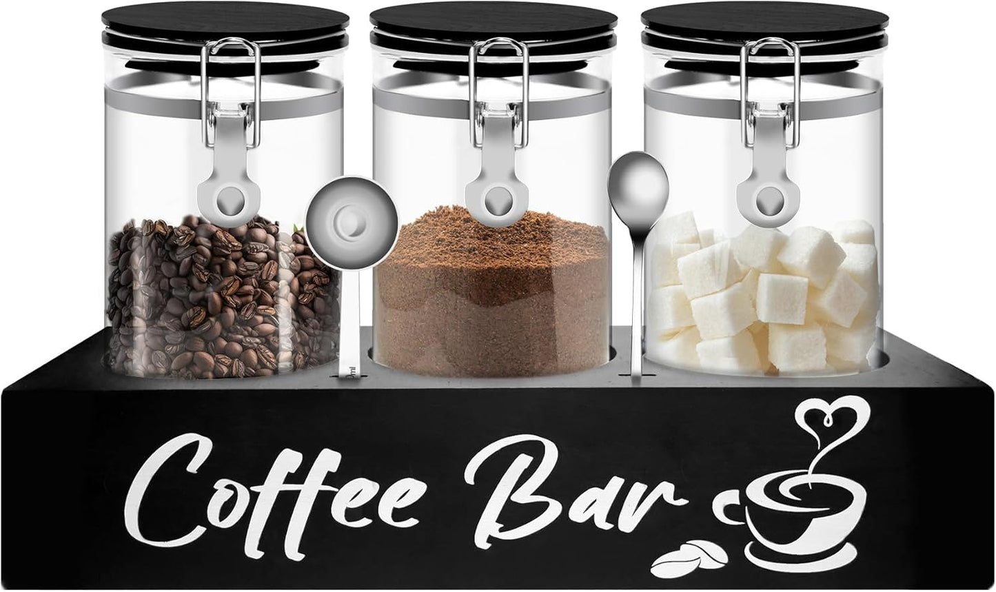 MACIFECI Glass Coffee Containers with Shelf Coffee Station Organizer 54oz Black Glass Coffees Bean Storage Canister with Spoon Coffee Canister Set Kitchen Food Storage Jars for Coffee\/Sugar\/Candy