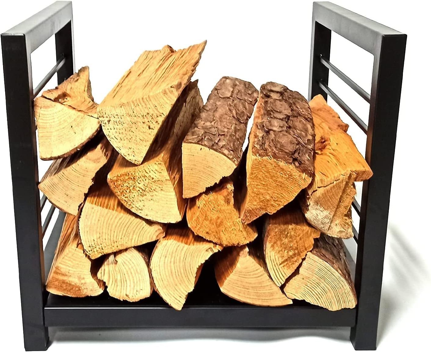 Firewood Rack in Honey Brown, Solid Pine Wood, Log Holder for Firewood Storage, Indoor or Outdoor Wood Stand Shelf with Ventilation Metal Store Holder Set