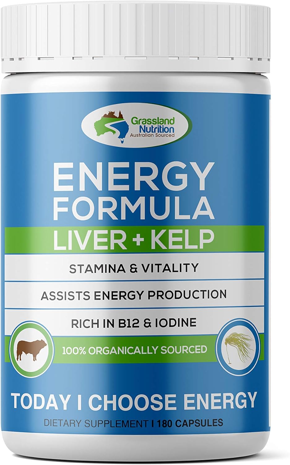 Grass Fed Beef Liver with Wild Harvested Kelp 100% Organically/Halal Sourced 2-in-1 Energy Formula — Natural B12, Iodine, Iron & Vitamin A (180 Capsules)