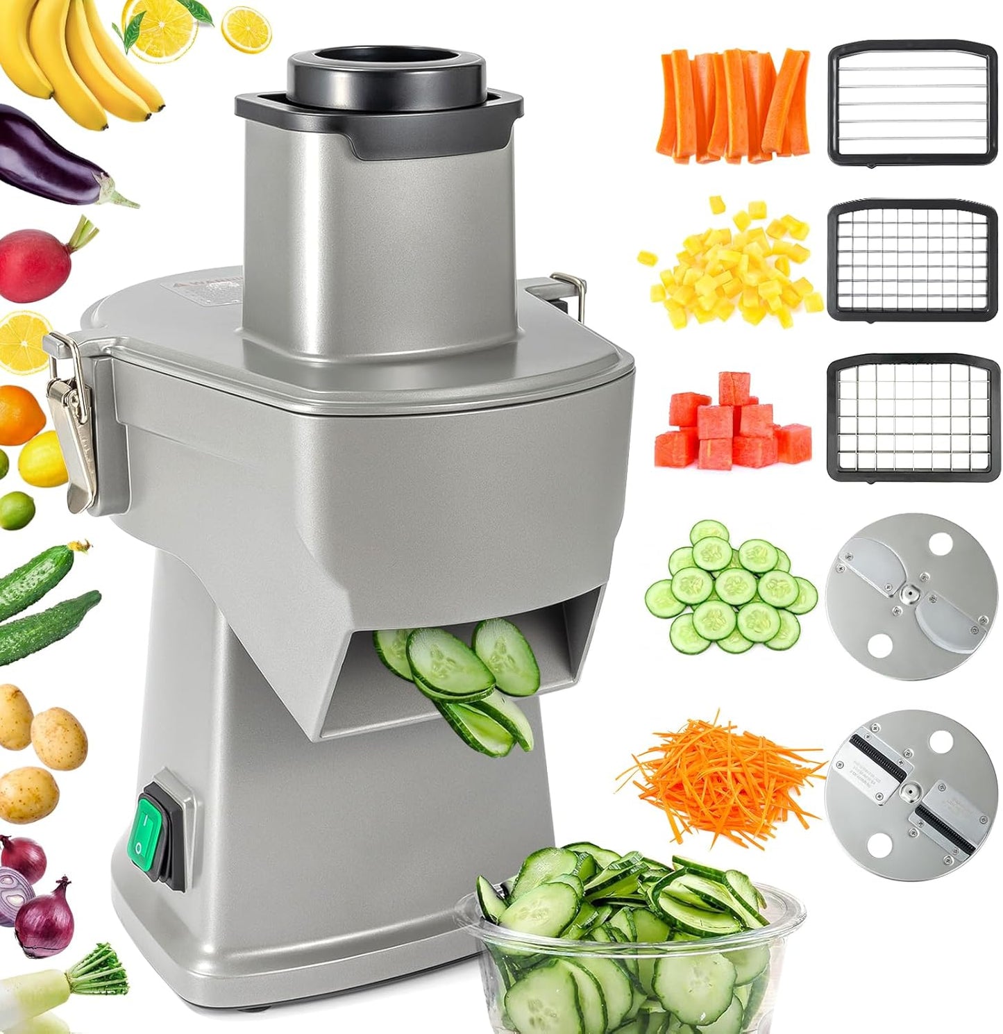 4 in 1 Electric Vegetable Chopper Adjustable Thickness Mandoline Slicer&Dicer Suitable for Shredding Onions can be French Fry Cutter Veggie Processor with Multi Stainless Steels Blades 110V