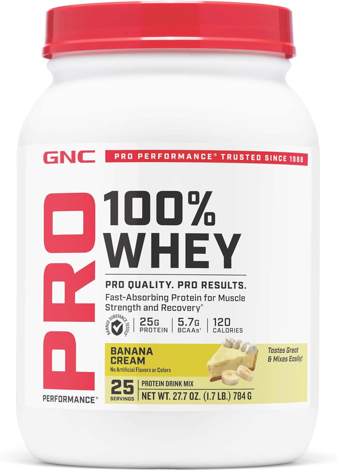 GNC Pro Performance 100% Whey Protein Powder, Fast Absorbing Protein, Muscle Strength and Recovery, Banana Cream, 25 Servings