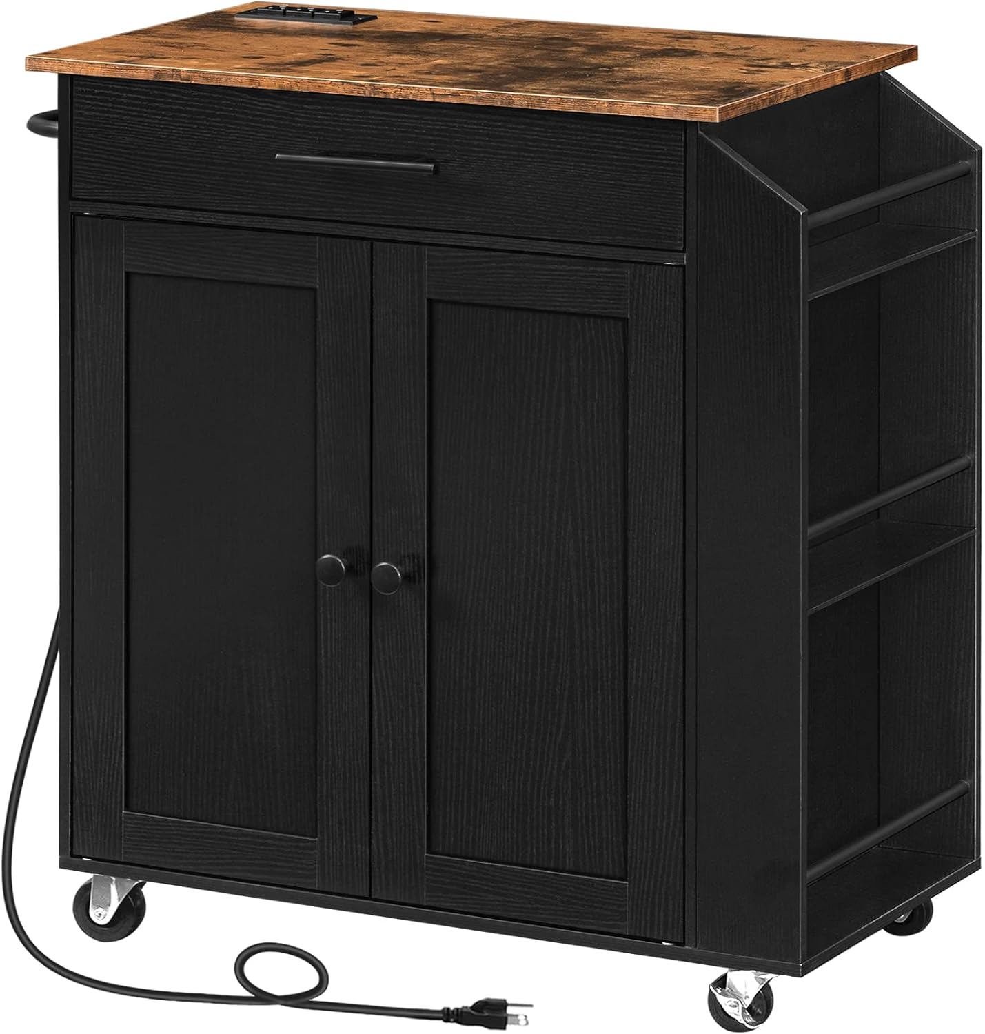HOOBRO Kitchen Island with Power Outlet, Storage Island with Spice Rack and Drawer, Rolling Kitchen Cart on Wheels, for Home, Dining Room, Rustic Brown and Black