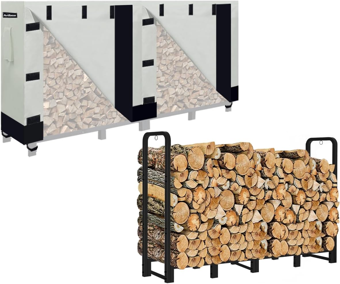 Artibear 8ft Firewood Rack with Waterproof Wood Pile Cover for Outside, Log Rack with Khaki Cover for Firewood, Bright Black Wood Holder