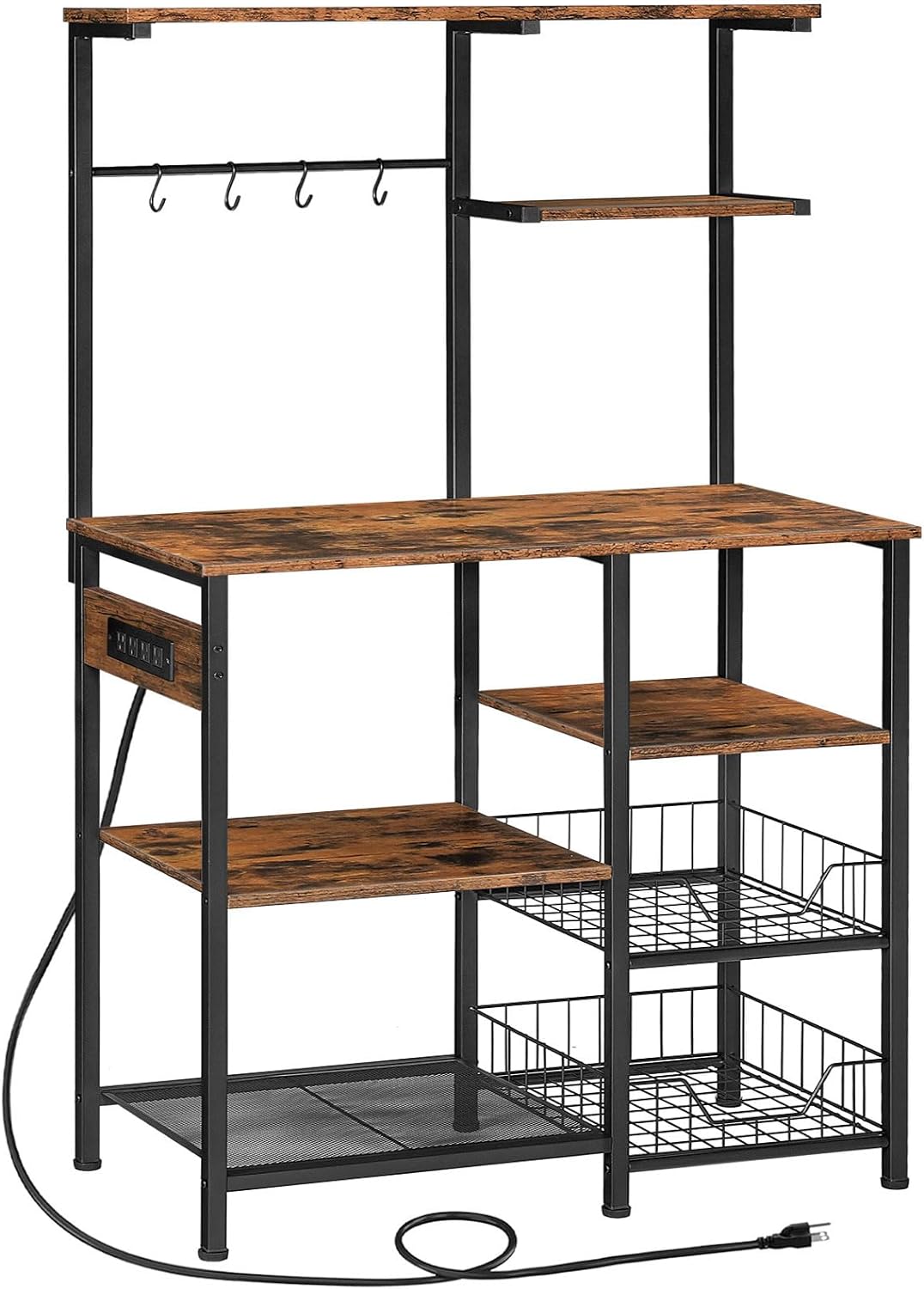 HOOBRO Large Bakers Rack with Power Outlets, 6-Tier Microwave Stand with 4 Hooks, Coffee Bar, Kitchen Shelf with Wire Basket, for Kitchen, Living Room, Office, Rustic Brown and Black BF64UHB01