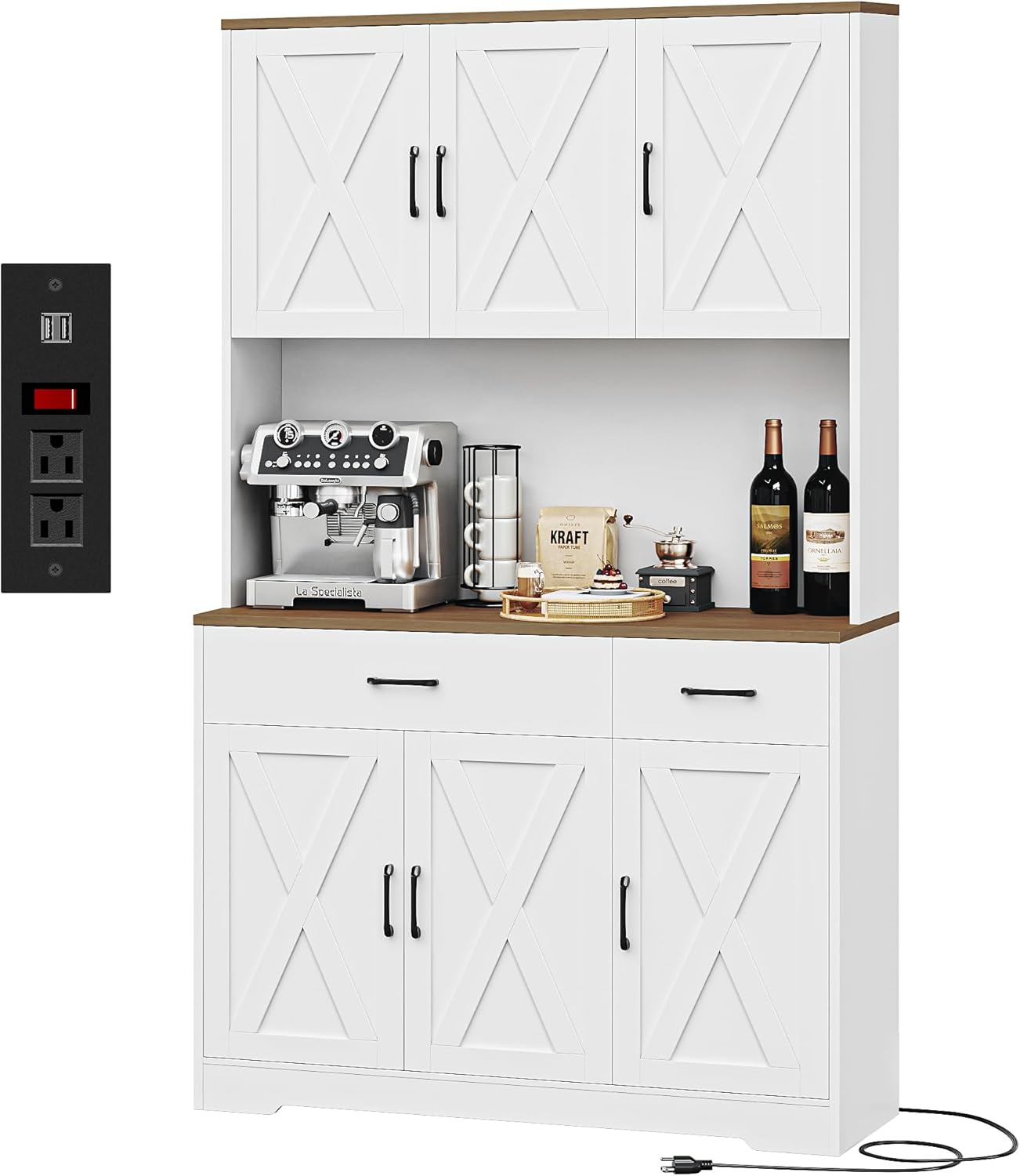 HOSTACK 71" Pantry Cabinet with Charging Station, Tall Kitchen Pantry Storage Cabinet with Microwave Stand, Farmhouse Kitchen Hutch with Storage Drawers for Living Room, Dining Room, White