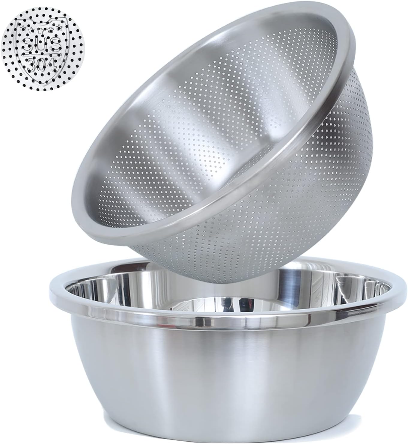 304 Stainless Steel Microporous Colander, 5QT Large Capacity with Mixing Bowl For washing vegetables, fruit and rice and for draining cooked pasta(2PC)
