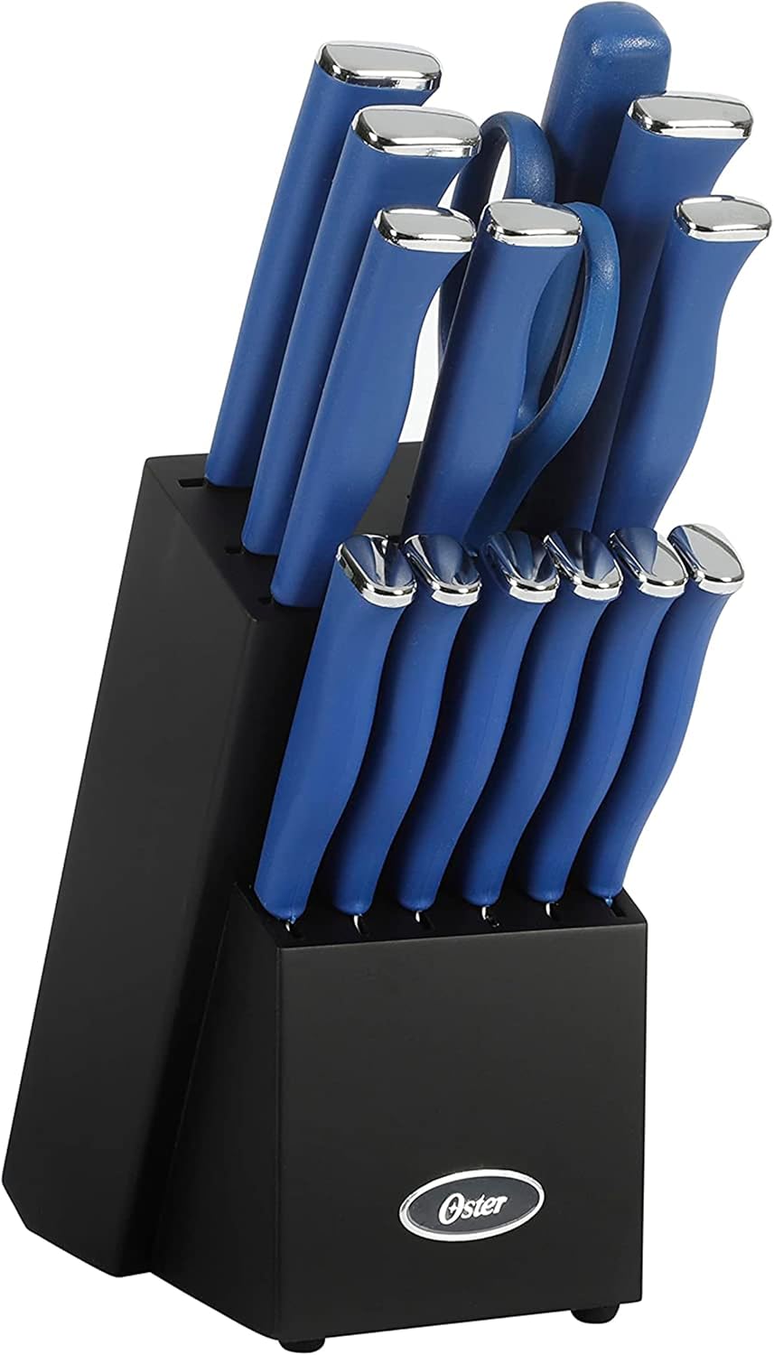 Oster Langmore 15 Piece Stainless Steel Cutlery Knife Block Set W\/Black Box \u2013 Classic Blue Handles
