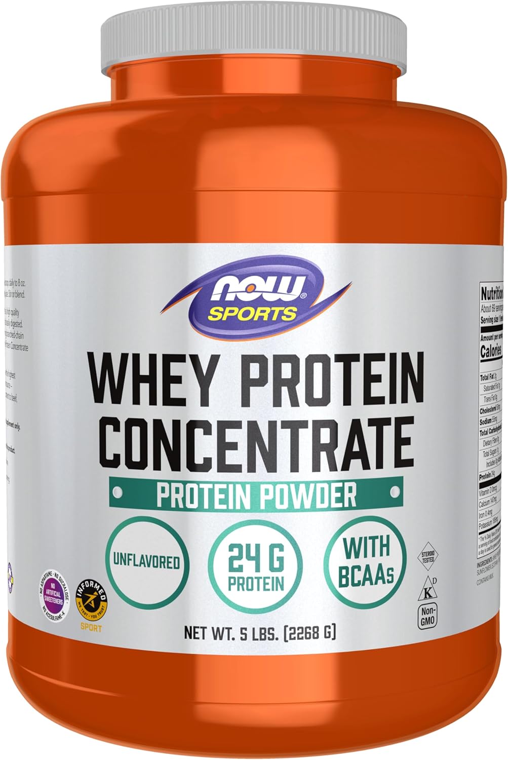 NOW Foods Sports Nutrition, Whey Protein Concentrate, 24 G With BCAAs, Unflavored Powder, 5-Pound