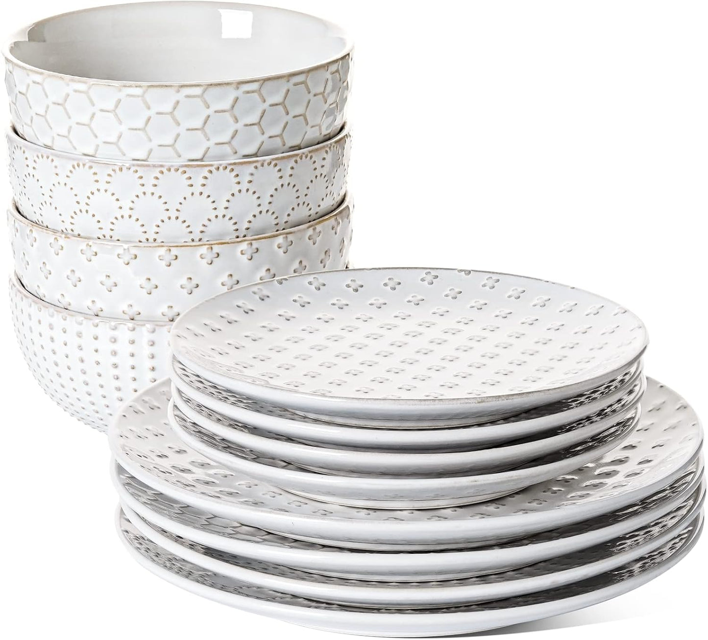 LE TAUCI Dinnerware Sets 12 PCS, Ceramic Plates and Bowls Set, Suit For Housewarming (10" Dinner Plate + 8" Salad Dish + 26 oz Cereal Bowl) x 4, Oven safe - Arctic White