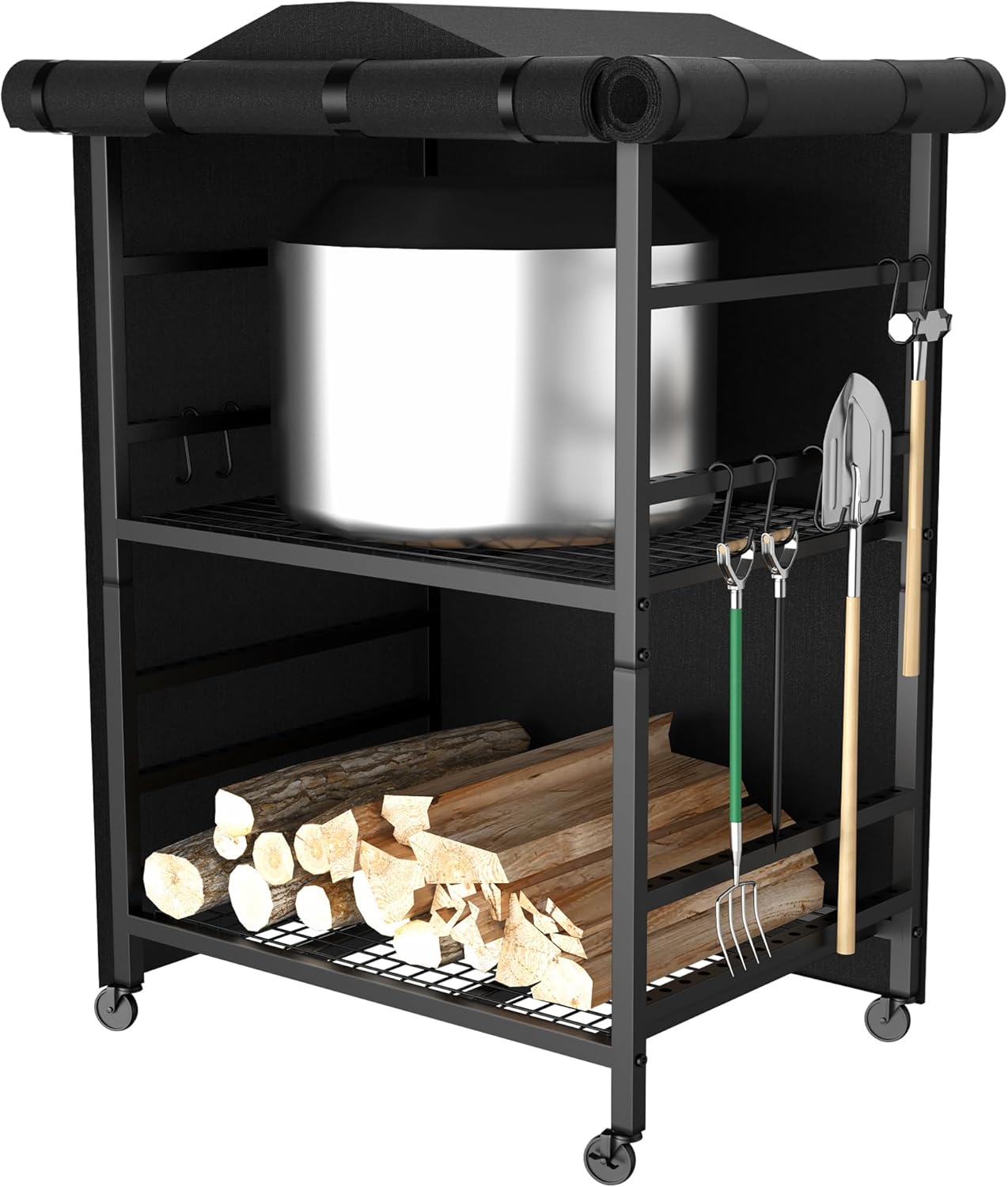 GIOTORENT Firewood Rack Outdoor with Cover, Large Firewood Storage Shed with 4 Wheels and Adjustable Shelf, for Wood, Stove Shelf, and Fire Pit Tools, Black