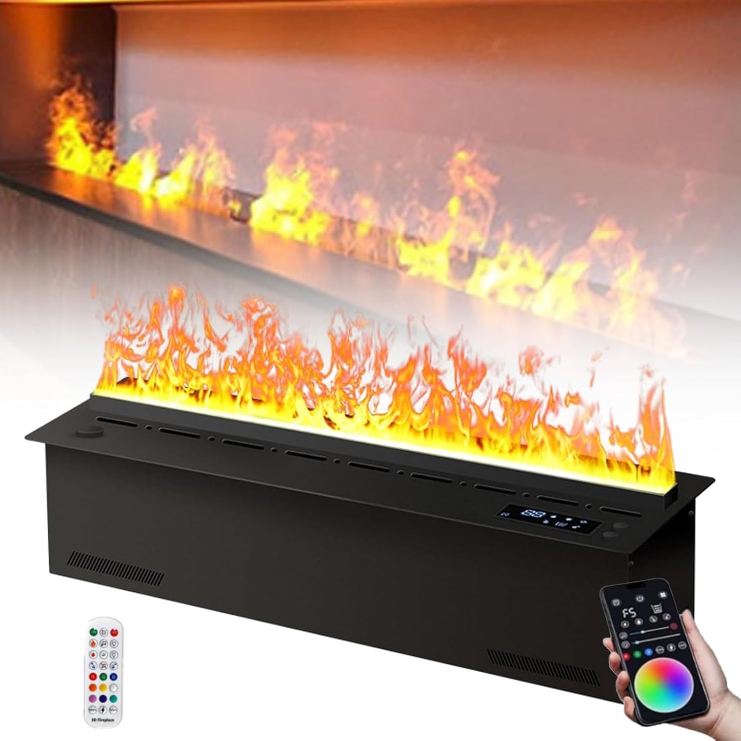 Multi-Colour RGB 3D Water Vapour Fireplace with Adjustable Brightness, Atomized Flame Effect, Automatic Water Refill, Remote and Touch Screen Control, Easy Install Design