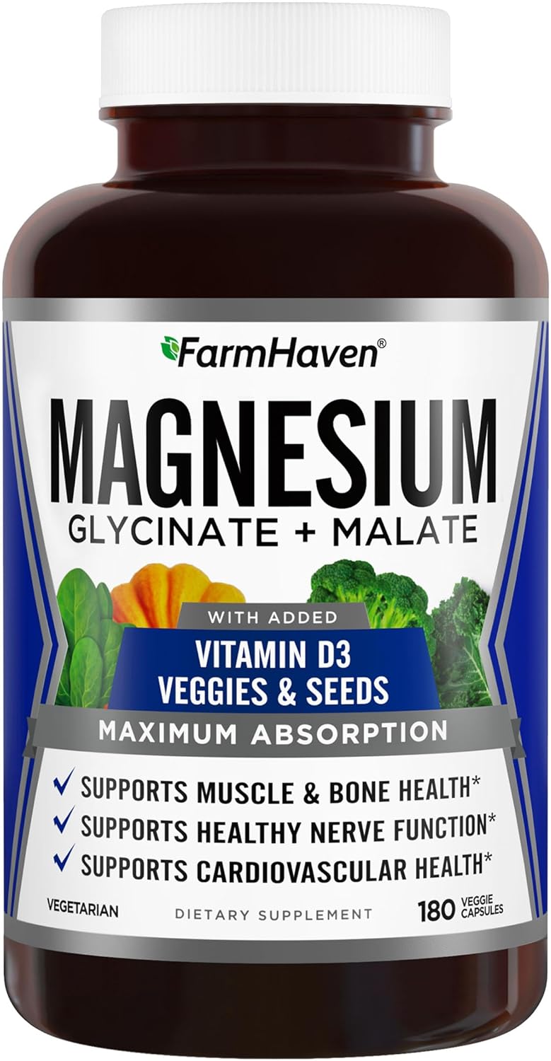 FarmHaven Magnesium Glycinate & Malate Complex w\/Vitamin D3, 100% Chelated for Max Absorption, Vegetarian \u2013 Bone Health, Nerves, Muscles, 180 Capsules, 90 Days