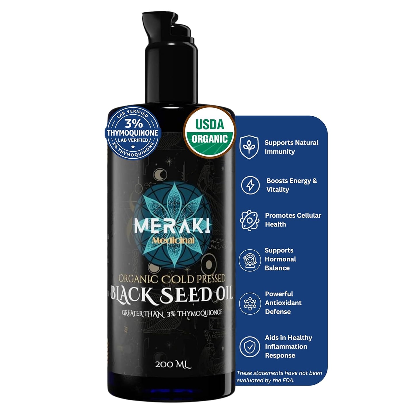 Meraki Medicinal Cold Pressed Organic Black Seed Oil – Nigella Sativa Extract with Thymoquinone in Dark-Tinted Glass Bottle – For Culinary & Topical Use – 200ml