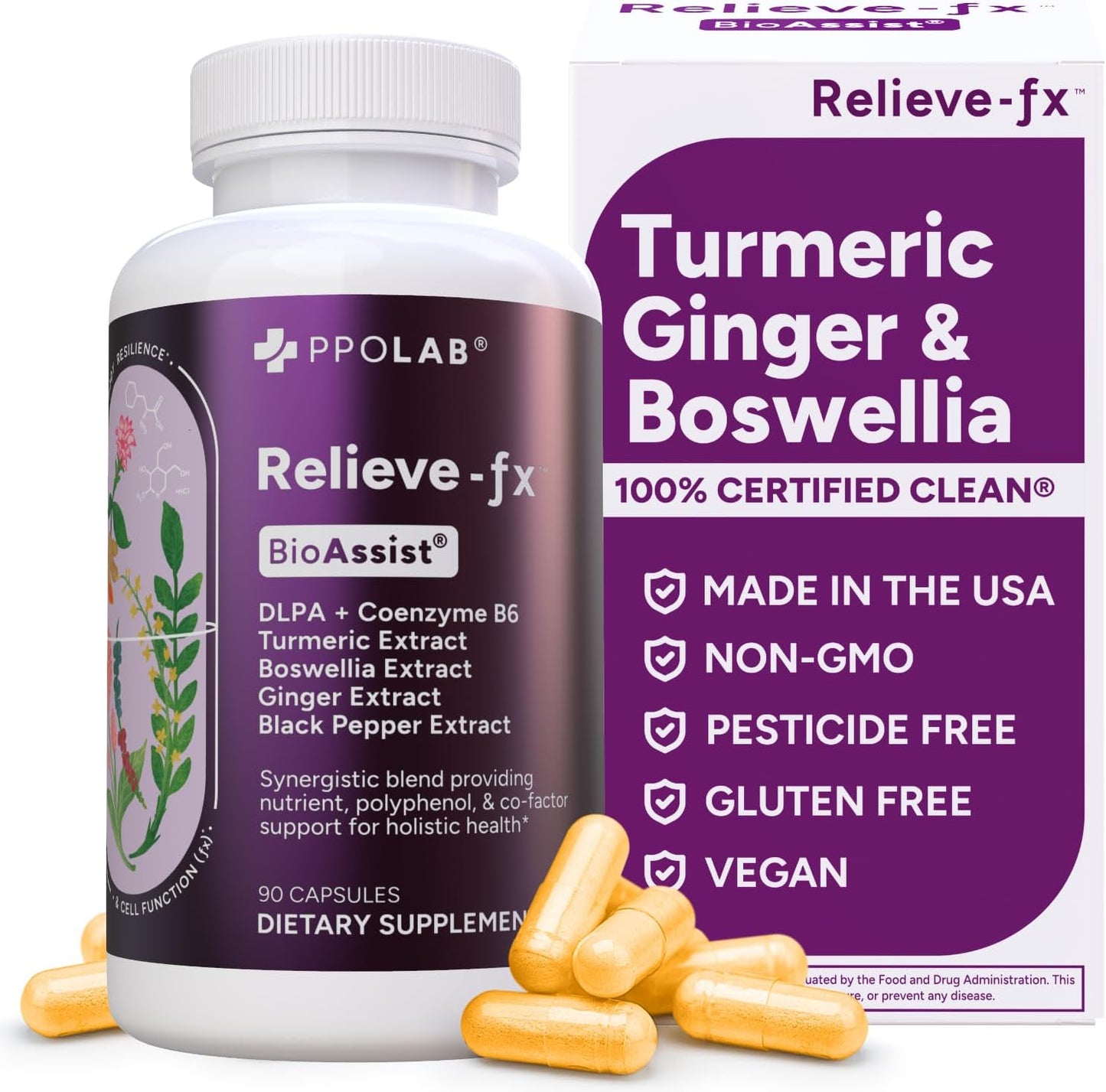 Relieve-fx™ DLPA Boswellia Turmeric and Ginger Supplement, Stress Relief, Heart, Digestion, Muscle Cramp, Joint, Inflammation Health, Vitamin B6 P5P, Boswellic Acid, Curcumin with Black Pepper - 90ct