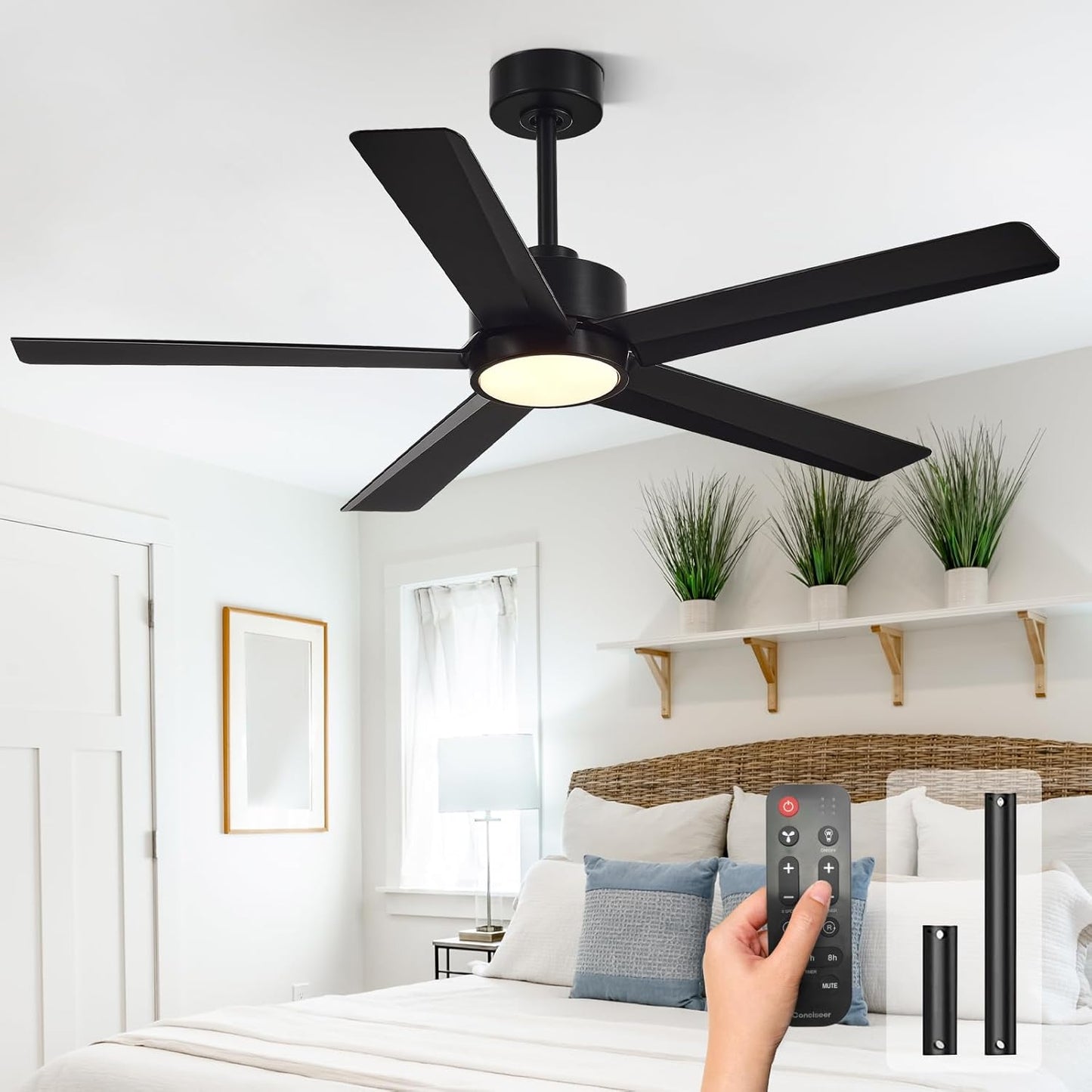 Conciseer Modern Ceiling Fans with Lights,52 Inch Ceiling Fans with Remote for Bedroom Living Room Kitchen, 18W 3CCT Dimmable,5 Blades 6 Speed Reversible Quiet DC Motor Black