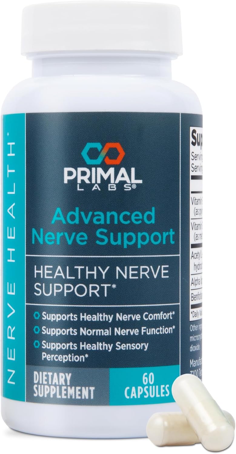Primal Labs Advanced Nerve Support - Nerve Wellness Supplement with Benfotiamine, B6, B12, Alpha Lipoic Acid, Acetyl-L-Carnitine - Nerve Wellness, Feet, Legs, Sensory Function, Comfort - 60 ct.