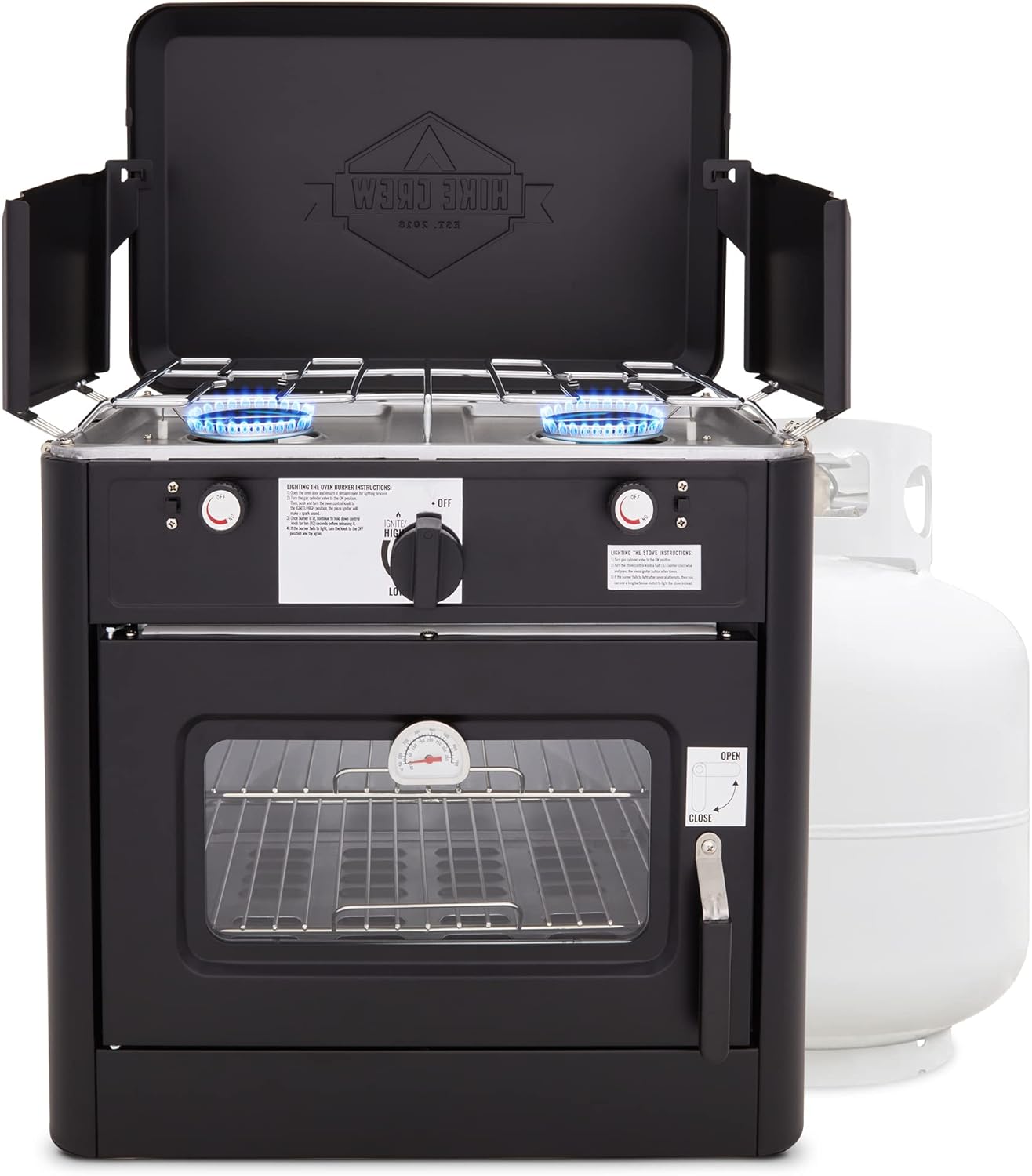 Hike Crew Outdoor Gas Camping Oven w\/Carry Bag | CSA Approved Portable Propane-Powered 2-Burner Stove & Auto Ignition, Overheat Safety Shutoff, Built-In Thermometer Hose Regulator Included