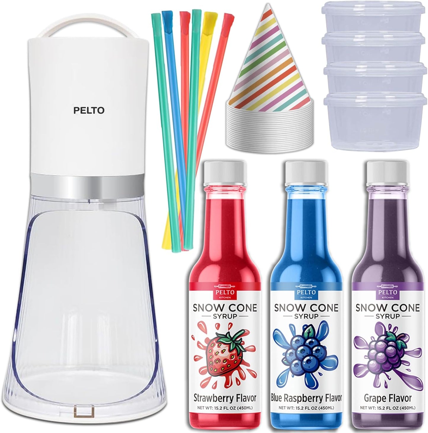 Snow Cone Machine set with 3 Flavors, 25 Cone Cups, 25 Straws, 4 Ice Molds - Strawberry, Blue Raspberry, Grape - Hawaiin Slushie Flavors - Electric Shaved Ice Maker Kit for Kids Birthday Gift Party
