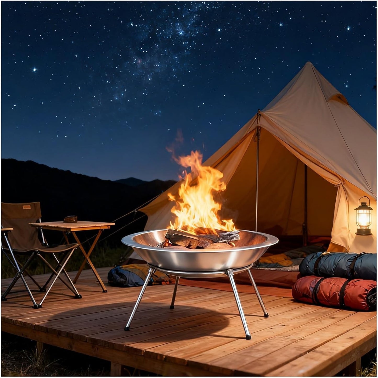 Outdoor Charcoal Fire Pit Portable Wood-Burning Stove Detachable Tripod Pot Stand for Family Camping Picnics Barbecues Bonfires Hand-Welded