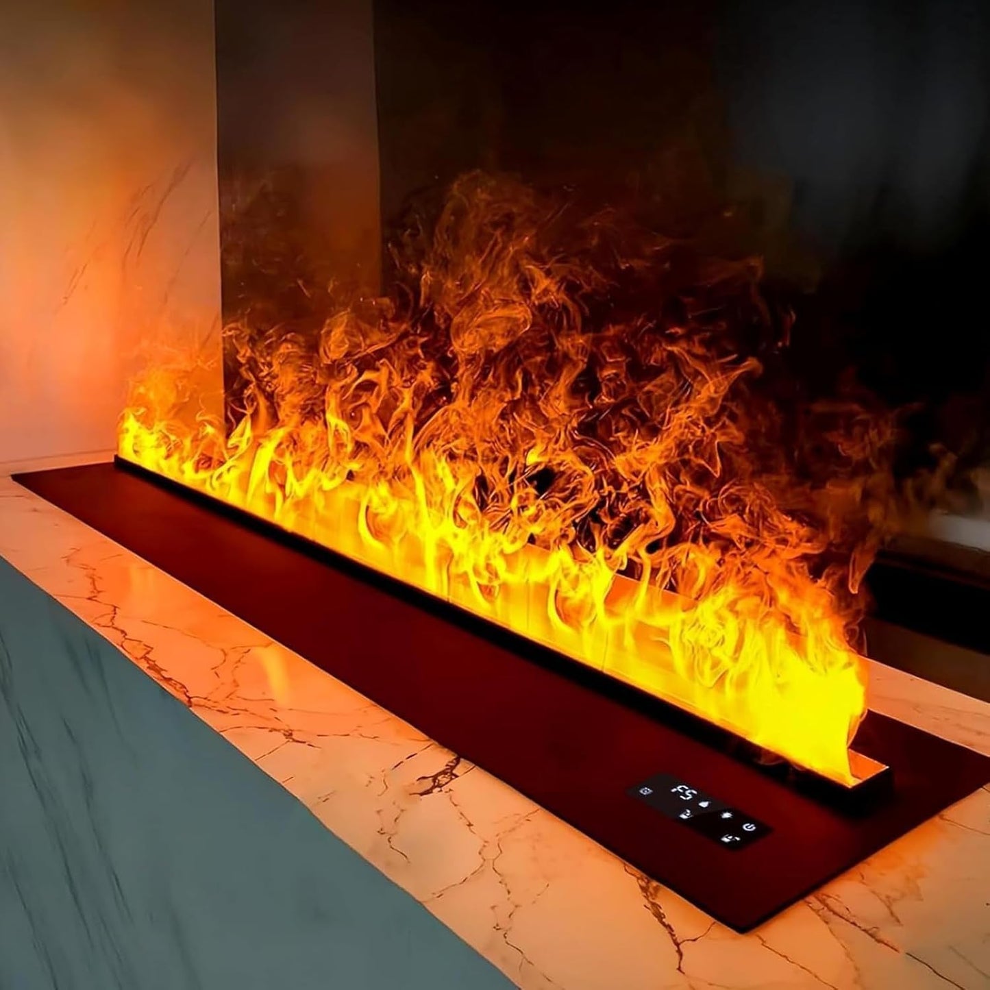 Smart Water Vapor Fireplace with Realistic 3D Flame, App, Remote and Touch Control, 128 Adjustable Multi-Color LED, Automatic Refill, Recessed Placement