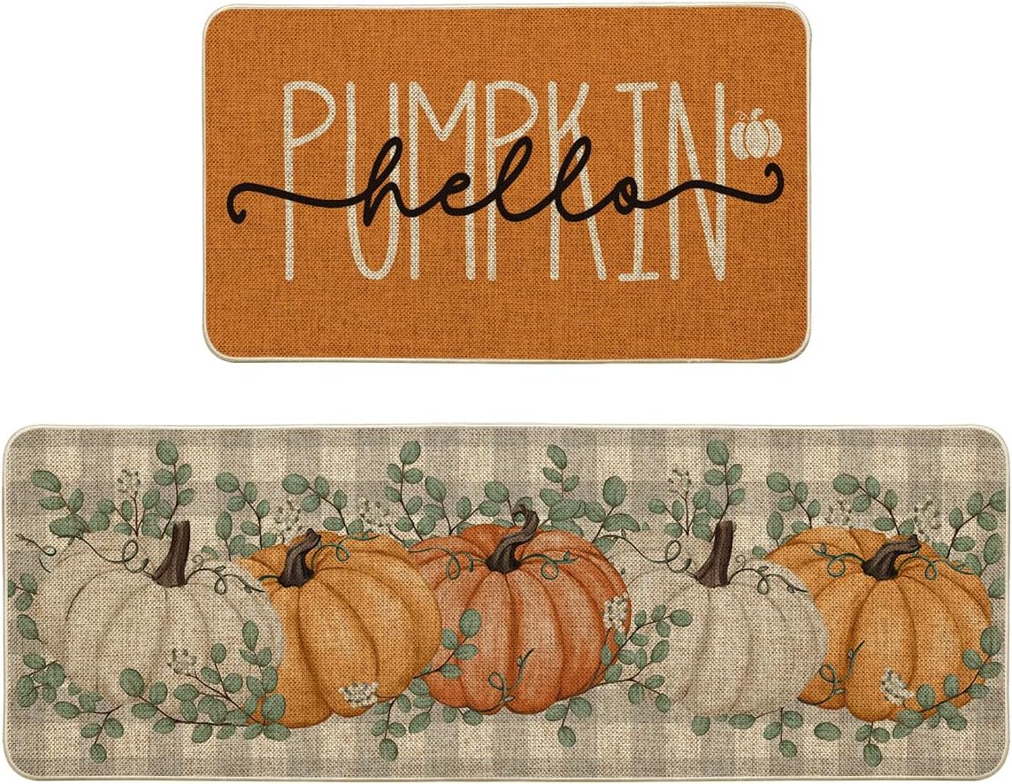 Artoid Mode Orange Buffalo Plaid Hello Pumpkin Eucalyptus Fall Kitchen Mats Set of 2, Home Decor Low-Profile Kitchen Rugs for Floor - 17x29 and 17x47 Inch