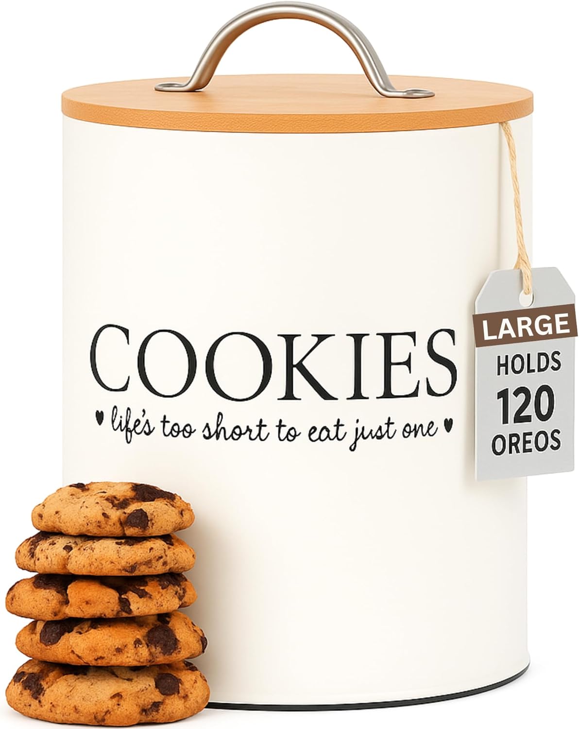 D'Lifeful Cookie Jar with Airtight Bamboo Lid – 1.1 Gallon Cute and Decorative Cookie Storage for Kitchen Countertop – Farmhouse Storage Tin for Freshness – Great Gift Idea