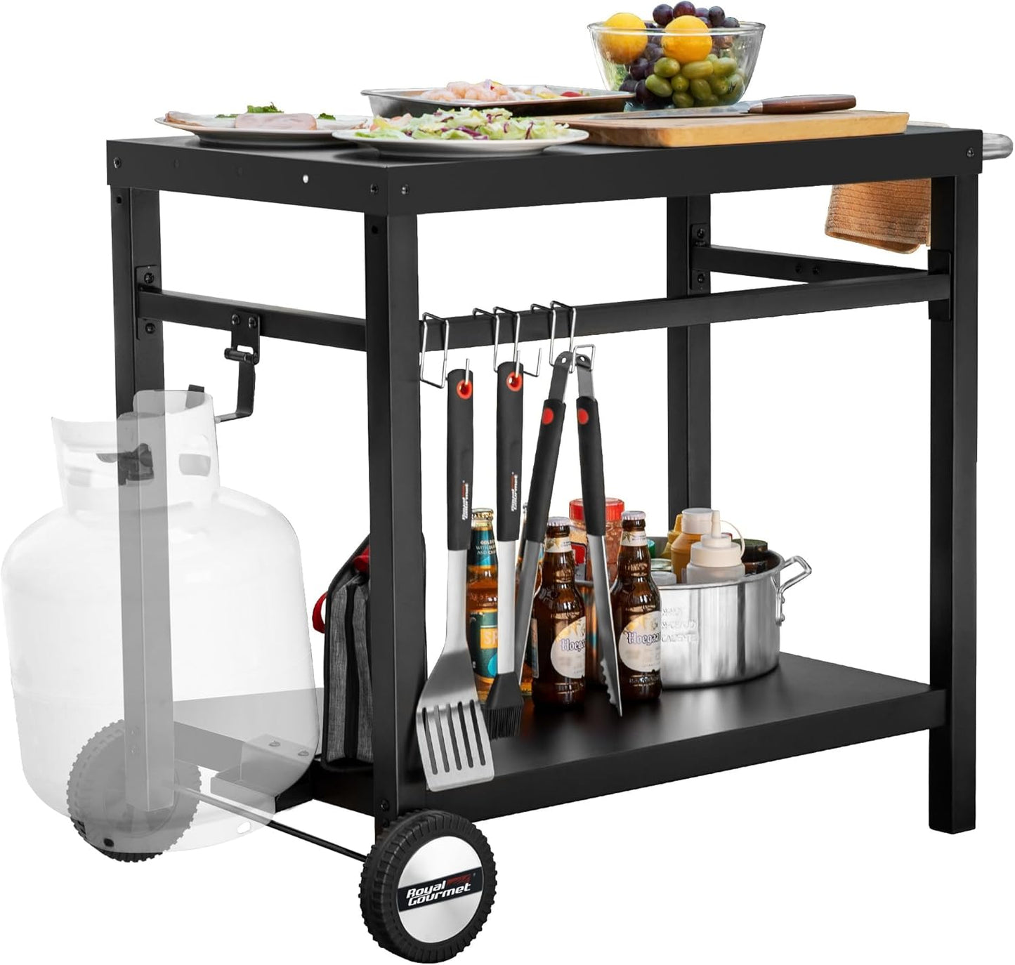Royal Gourmet Dining Cart Table with Double-Shelf, Movable Stainless Steel Flattop Grill Cart, Hooks, Side Handle, Multifunctional PC3401B (Black)