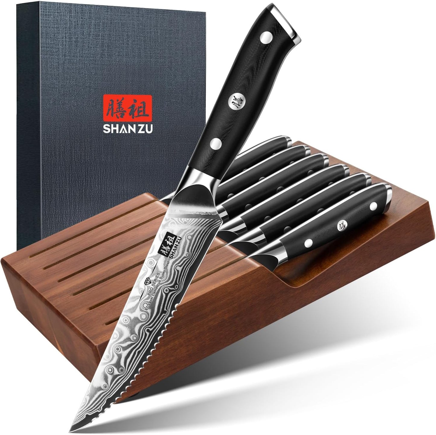 SHAN ZU Steak Knife of 7, 4.5 Inch Damascus Steak Knife Set with Block, Japanese High Carbon Steel Kitchen Serrated Knives Set with Ergonomic G10 Handle and Gift Box