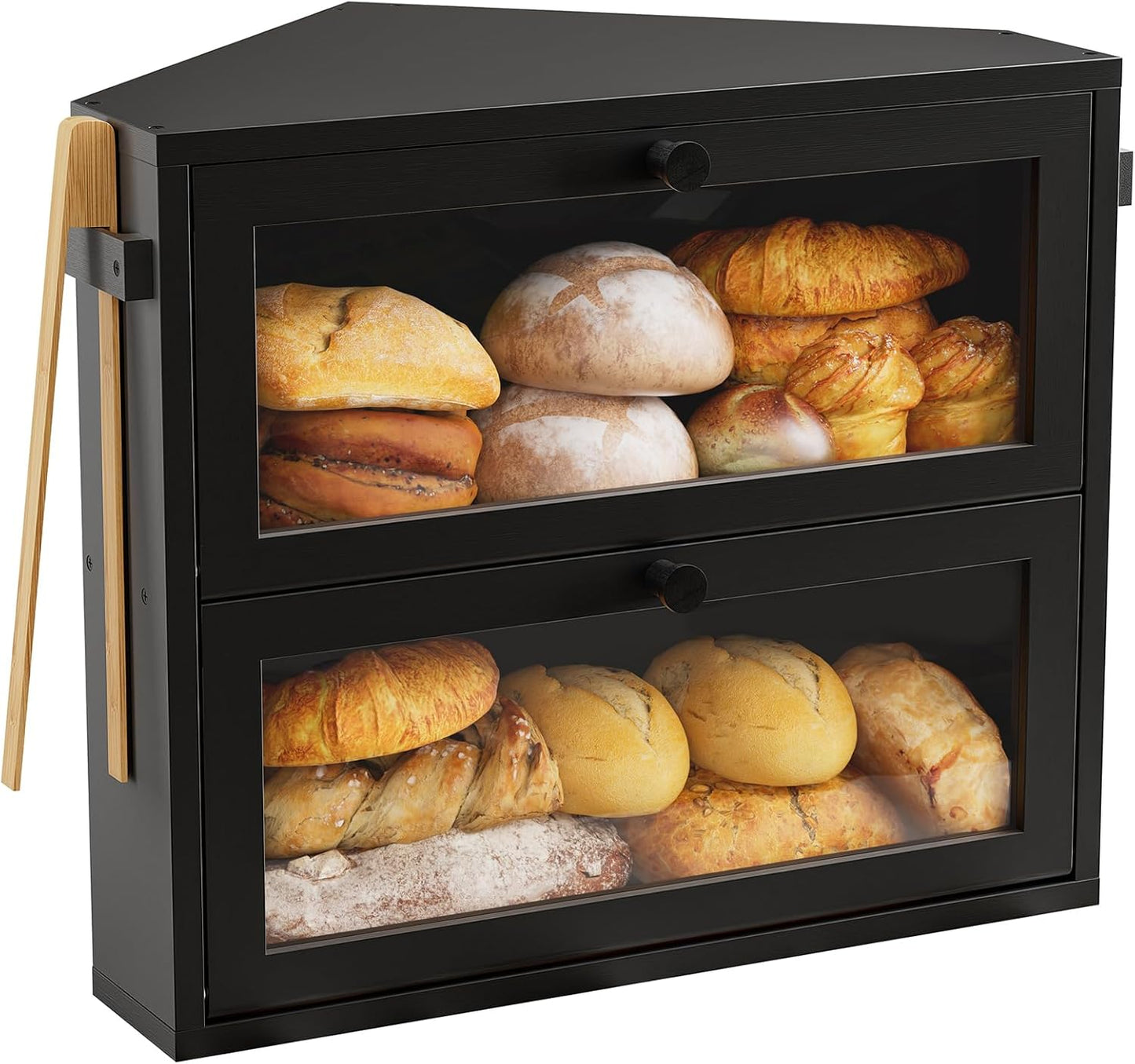 WOWLIVE Corner Bread Box for Kitchen Countertop, Large Double Layer Bread Storage Container for Homemade Bread, Black Bread Holder for Kitchen Counter, Under Cabinet Organizer (Black, Medium)