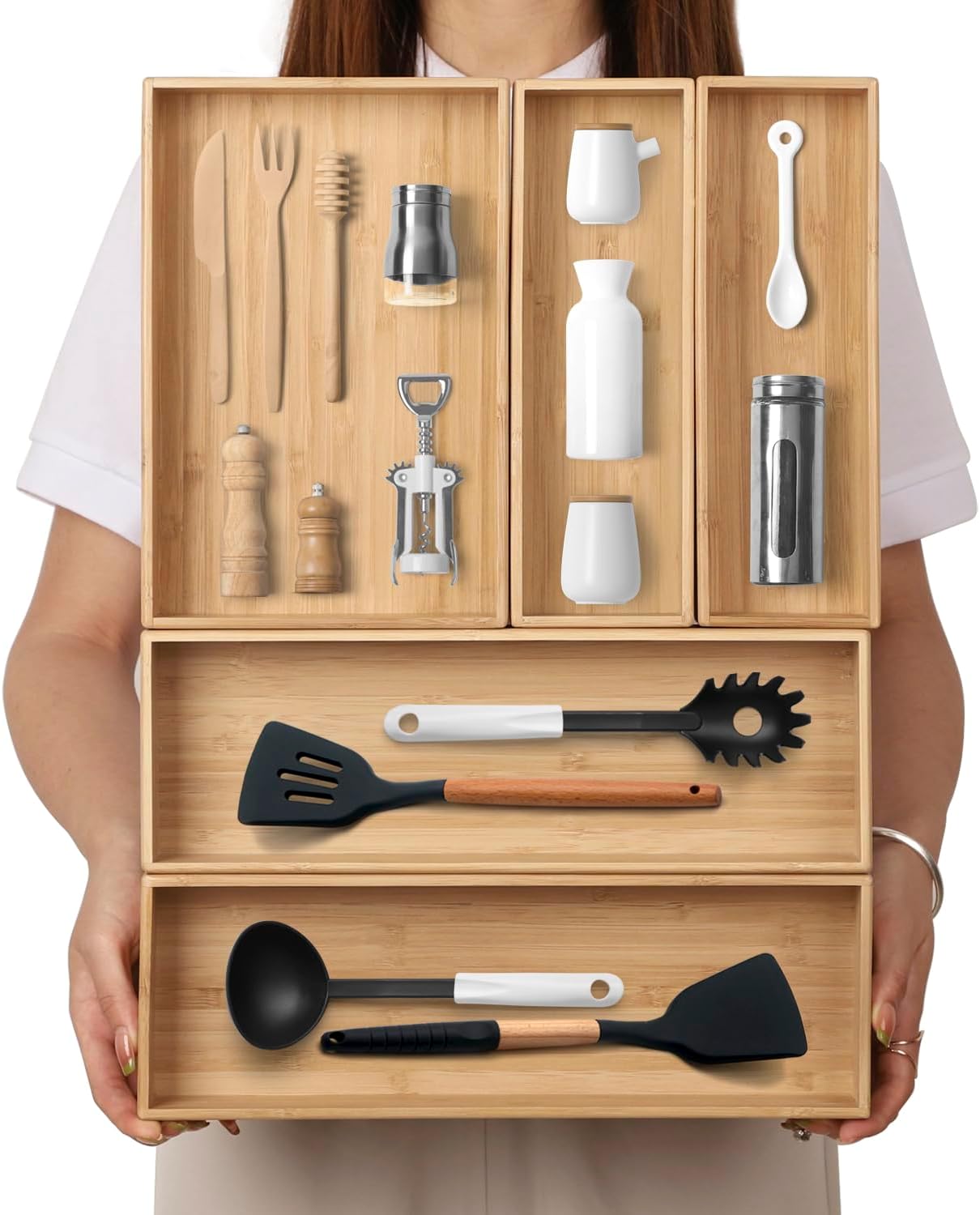 BAMOTTO CRAFTBAMBOO Stack Bamboo Drawer Organizer Set of 5, Kitchen Utensil, Flatware&Silverware Organizer-Wood Laminated Stackable for Kitchen, Bedroom, 13.4''x4.5''*2+10.2''x3.3''*2+10.2''x6.7''*1