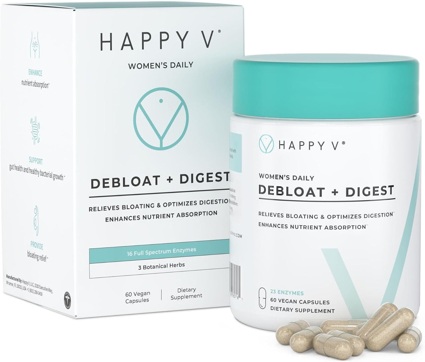 Happy V Debloat + Digest – Digestive Enzymes for Women to Support Bloating, Gas, Constipation, Gut Health, and Nutrient Absorption – Stomach Comfort & Digestion Support Supplement – 60 Vegan Capsules