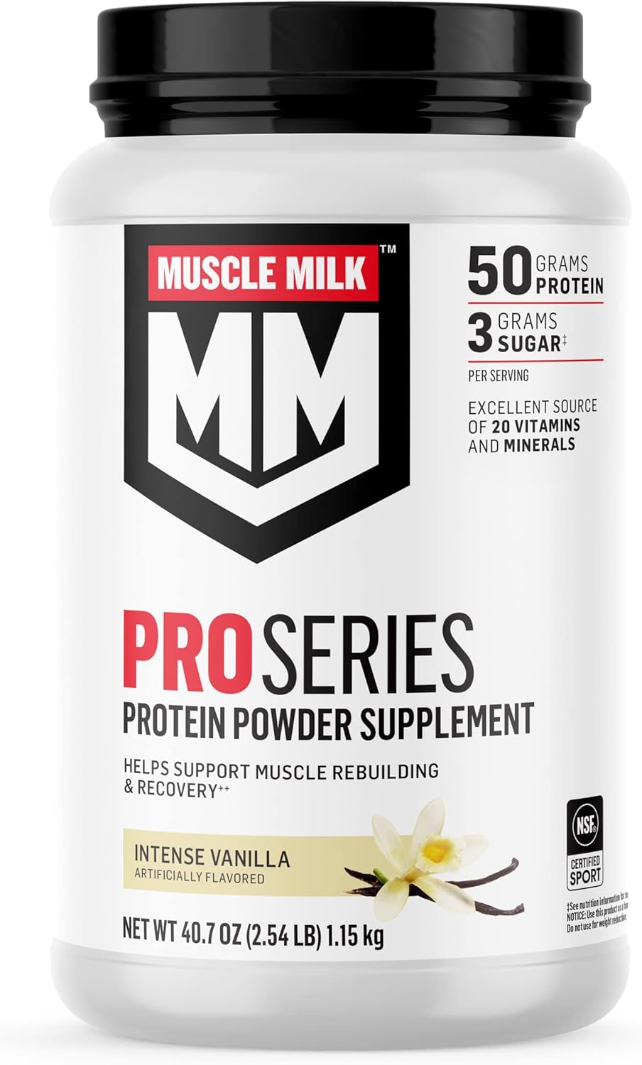 Muscle Milk Pro Series Protein Powder Supplement, Intense Vanilla, 2.54 Pound, 14 Servings, 50g Protein, 3g Sugar, 20 Vitamins & Minerals, NSF Certified for Sport, Workout Recovery, Packaging May Vary