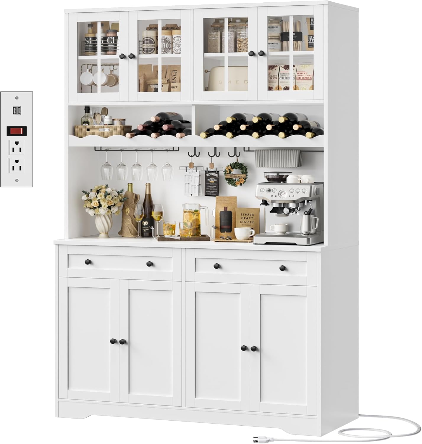 HOSTACK 75.4" Tall Kitchen Pantry Cabinet with Charging Station, Modern White Kitchen Hutch with Microwave Stand and Wine Racks, Large Food Pantry Storage Cabinet with Glass Doors and Drawers, White