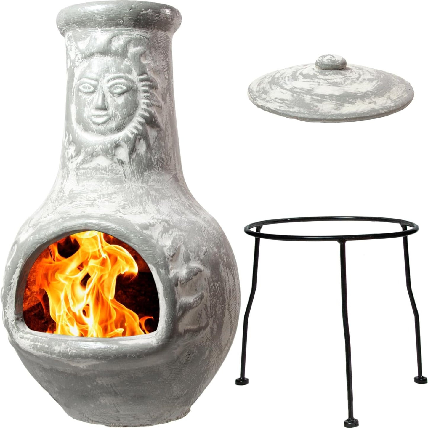 Wiosi Medium Chiminea Outdoor Fireplace Grey Clay Chimineas with Chimney Rain Lids and Solid Metal Stands - Grey Terracotta Chimenea - Rustic Fire Pit Chimnea 16 x 16 x 32-inch