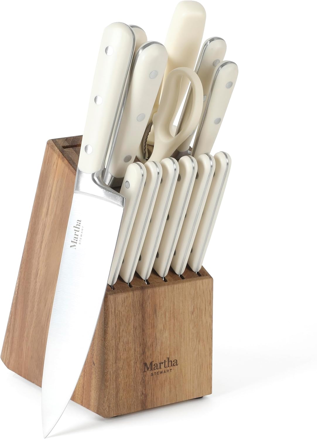 MARTHA STEWART Eastwalk 14 Piece High Carbon Stainless Steel Cutlery Kitchen Knife Block Set w\/ABS Triple Riveted Forged Handle Acacia Wood Block - Linen White