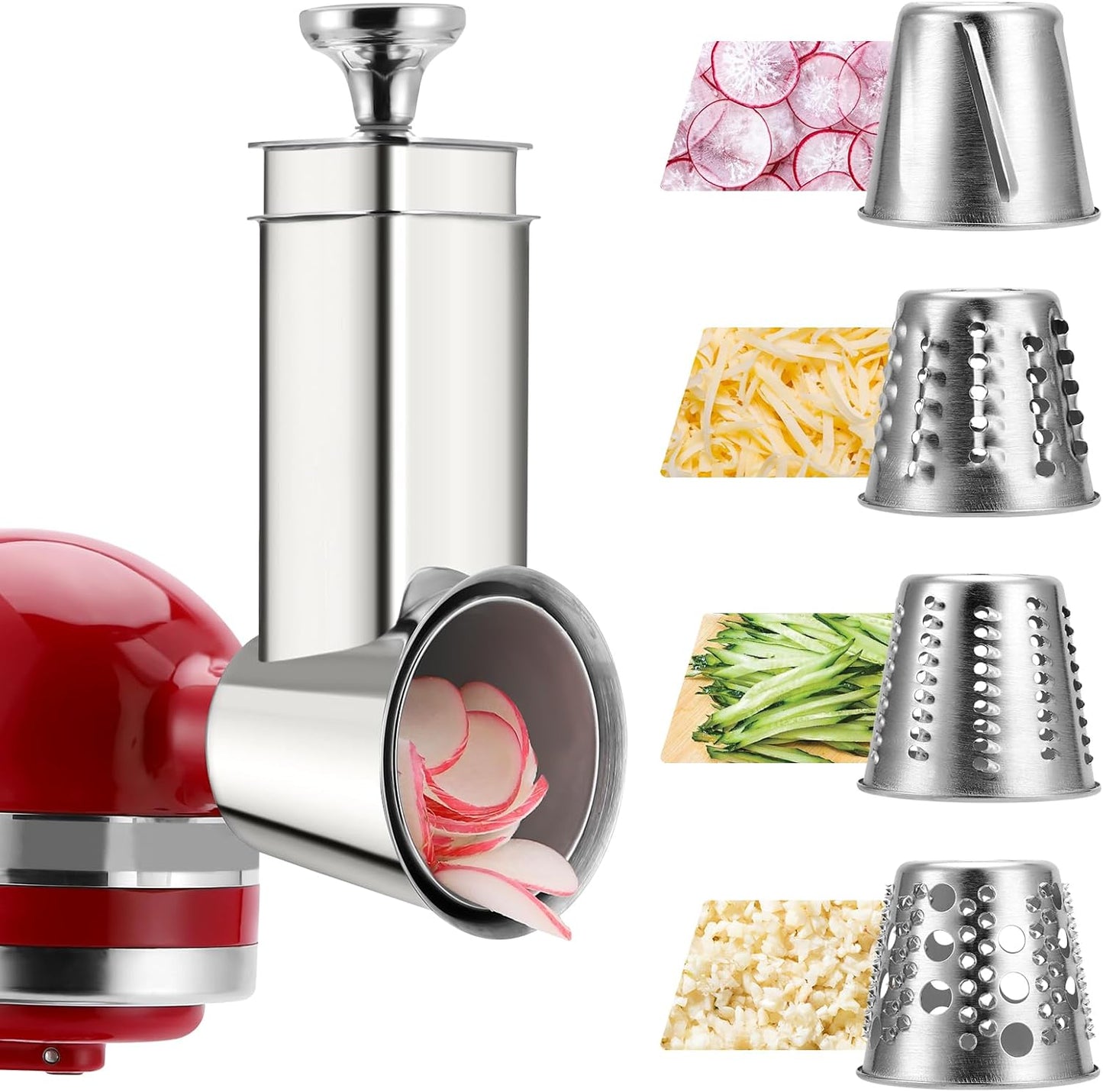 Stainless Steel Slicer Shredder Attachment for KitchenAid Mixers, Dishwasher Safe Cheese Grater Attachment, Food Slicer & Vegetable Chopper Accessory-4 Blades
