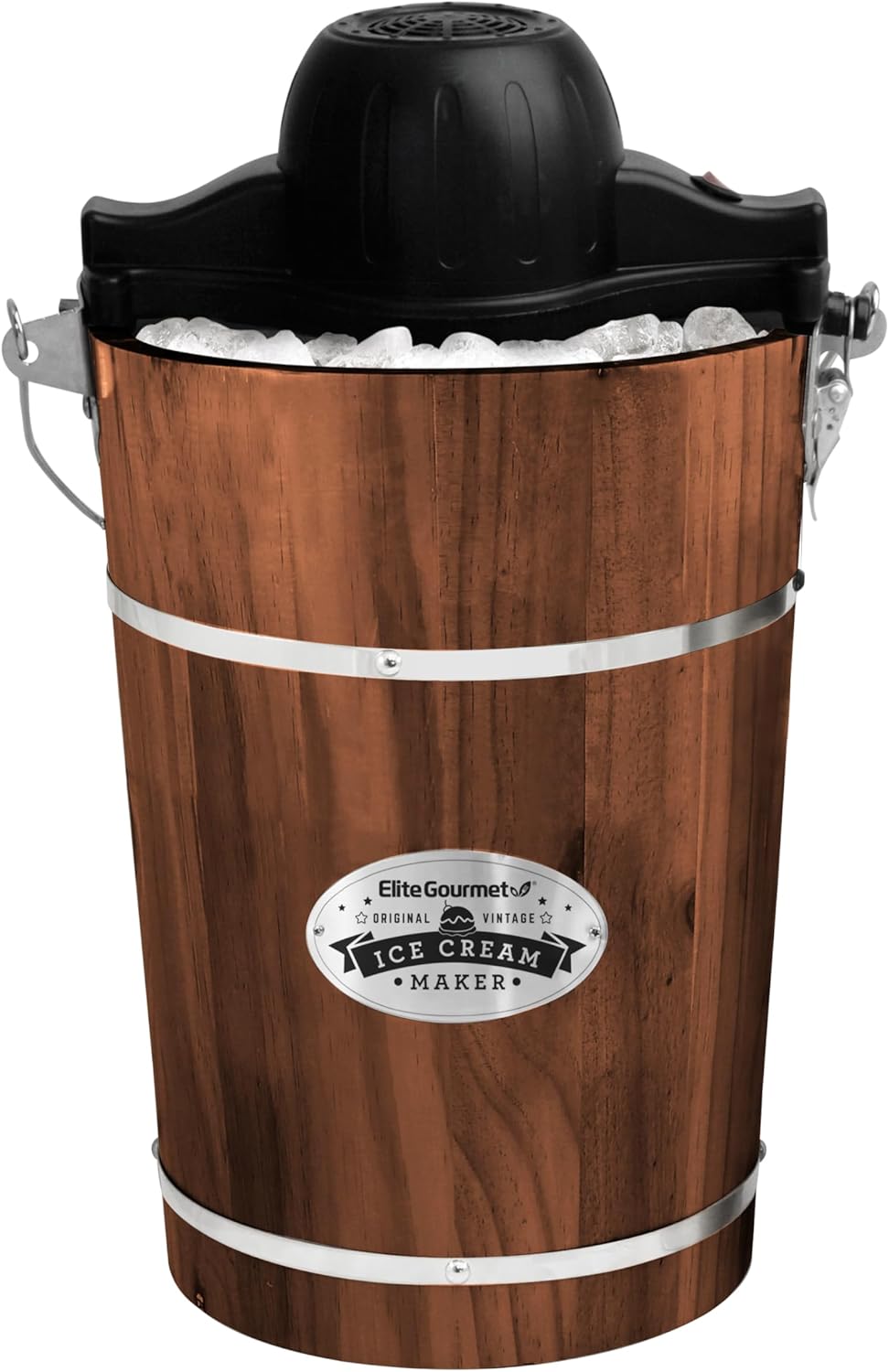 Elite Gourmet EIM949 Old Fashioned 6 Quart Vintage Walnut Wood Bucket, Electric Ice Cream Maker Machine Appalachian, Uses Ice and Rock Salt