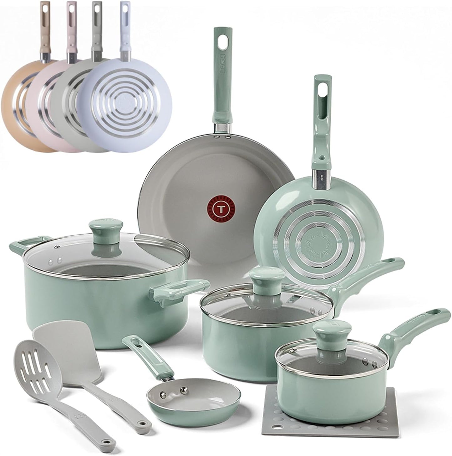 T-Fal Refresh Ceramic Nonstick Cookware Set, Oven Safe Up to 350ºF, 12-Piece, Includes Stockpot, Griddle, Frying Pans, Utensils, Ceramic Pots and Pans Set, Mint Green
