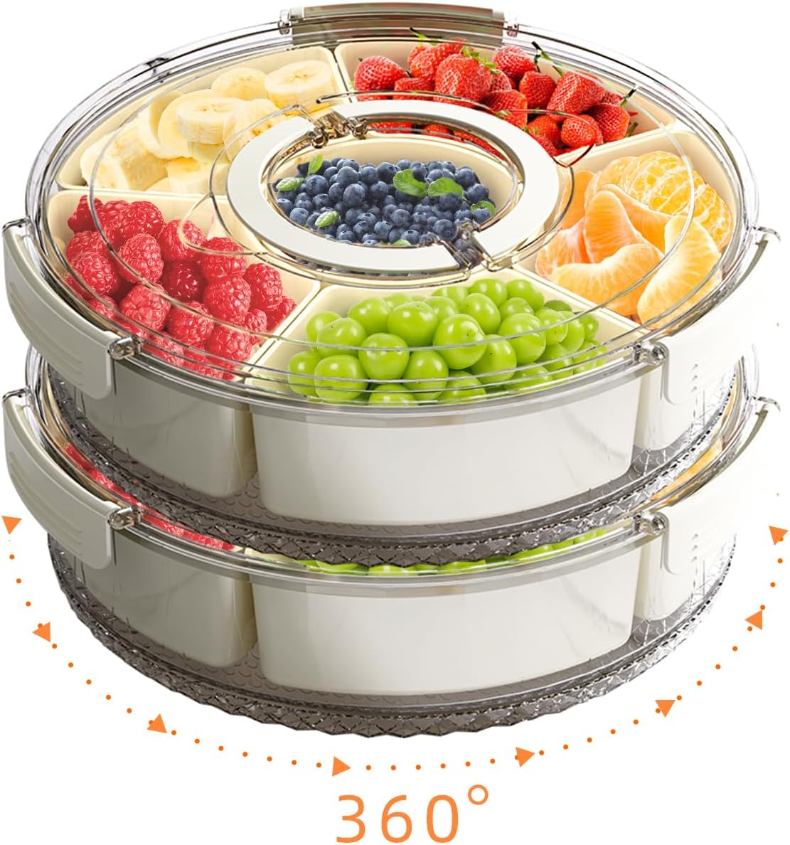 riyeloi Divided Serving Tray with Lid and Handle, Stackable Snackle Box Container for Fruits Candy Organizer, Portable Spinning Rounded Veggie Tray for Kitchen, Party, Trave and Picnic-2 Pack